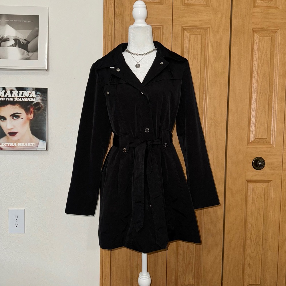 London Fog Black Hooded Trench Coat Belted Rain Jacket Women's Small Minimalist